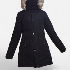 Women's Black Puffer Coat with Faux Fur Hood